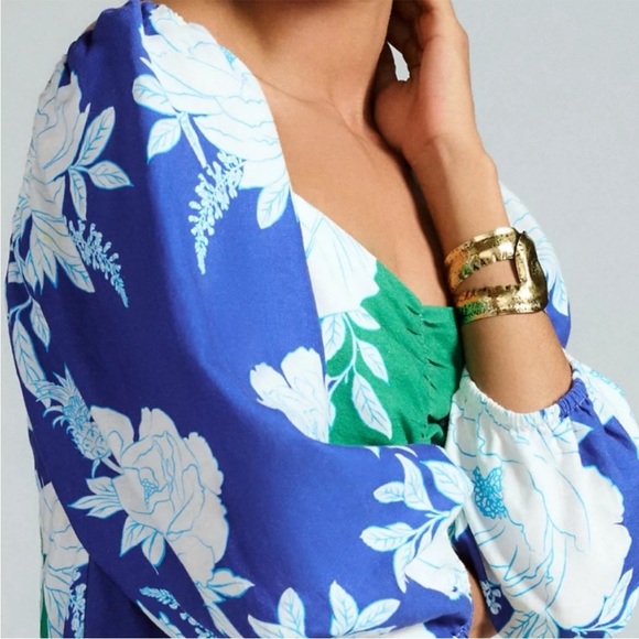 Farm Rio Soft Garden Linen Blend Puff Sleeve Mini Dress Floral Blue NWT Size XS - Picture 6 of 16